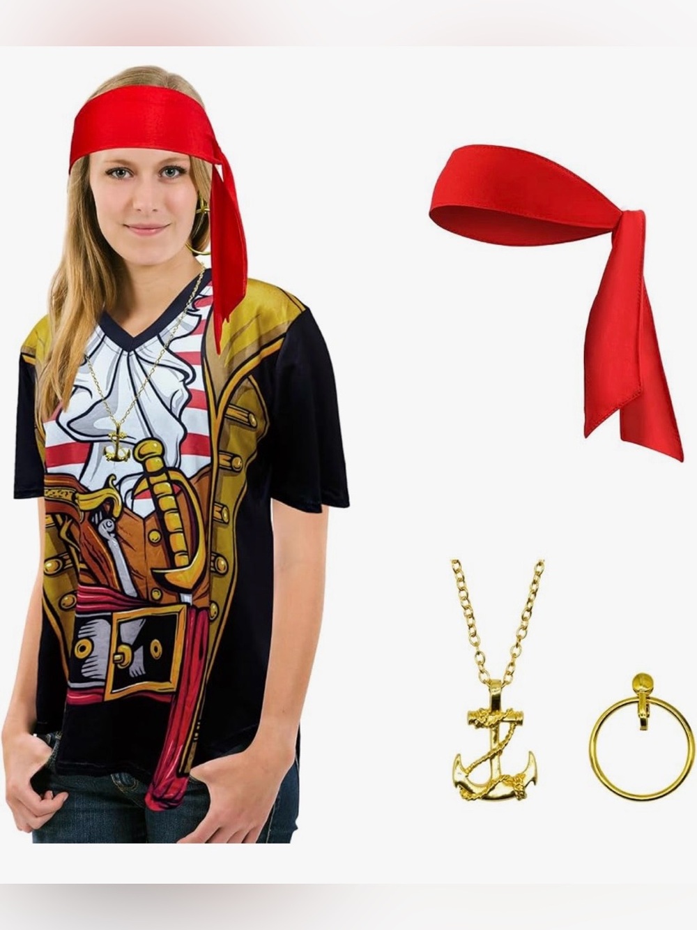 Unisex men’s or women’s Pirate Costume Set with Red Bandana and Gold Accessories
